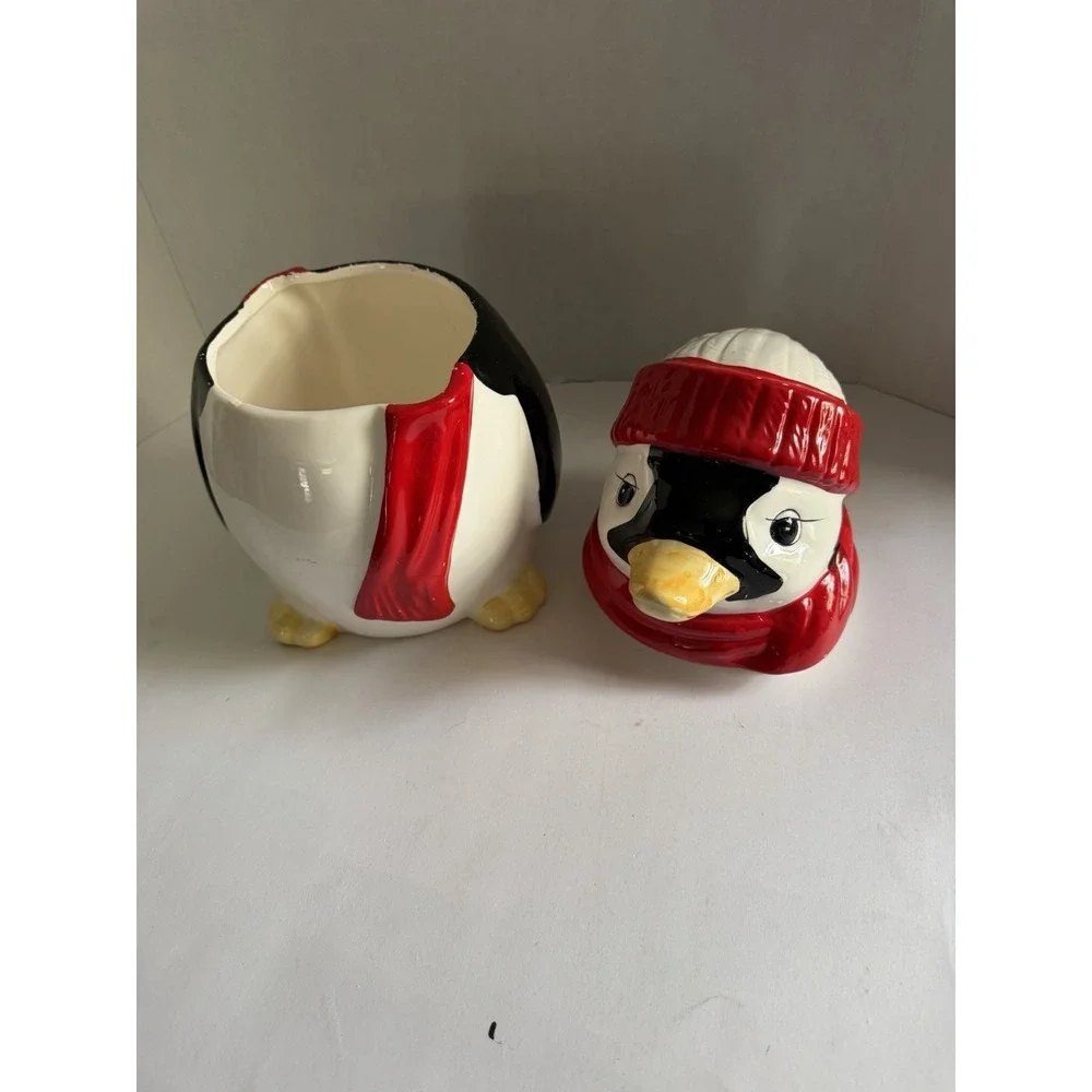 Vintage Ceramic Penguin Cookie Jar Red Hat Scarf Holiday Winter Decor